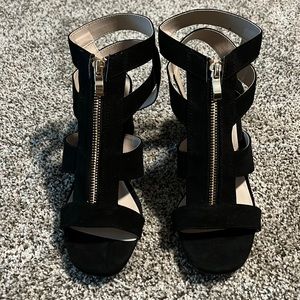 Cato brand black heeled sandals with gold zip close